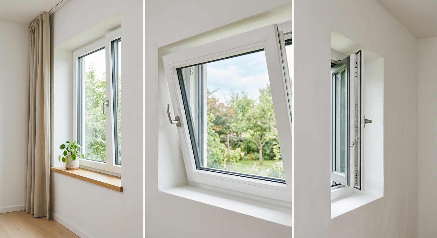 Ventana de PVC abierta ventilando una habitación con luz natural