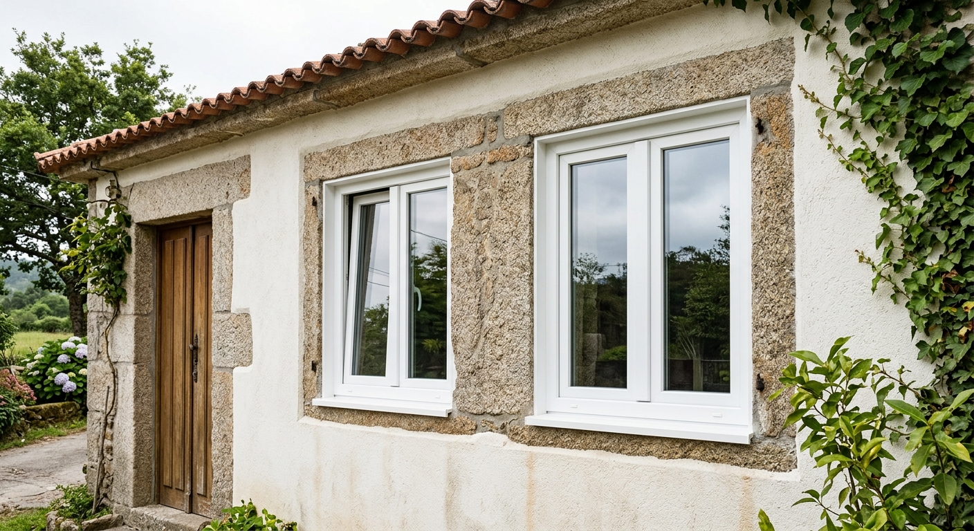 Dos ventanas blancas de PVC recién instaladas en una fachada
