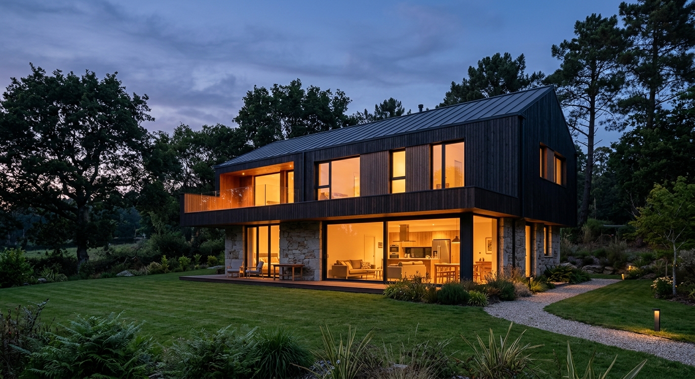 Vivienda al atardecer con grandes ventanas iluminadas desde el interior