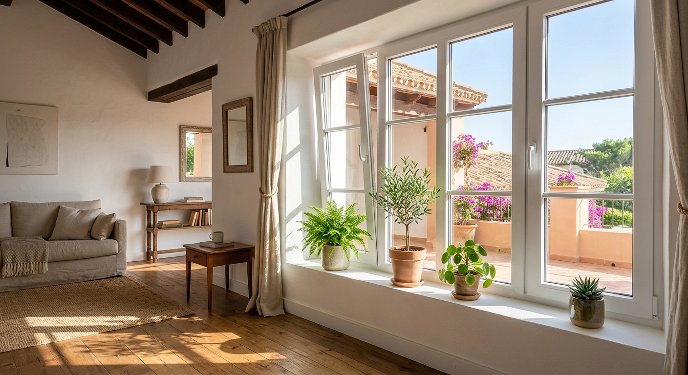 Ilustración: salón luminoso moderno con una gran ventana de perfil blanco y luz de la mañana