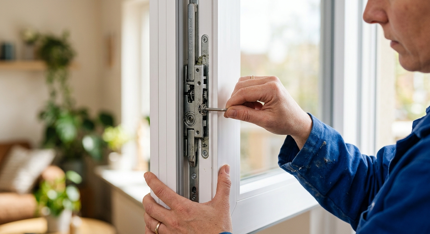 Detalle del herraje oscilobatiente de una ventana de PVC recién instalada