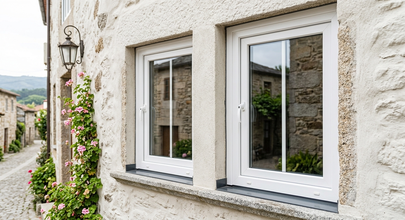 Dos ventanas blancas de PVC en la fachada de una vivienda