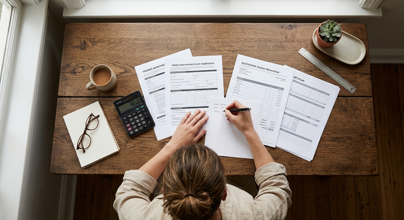 Persona revisando papeles de presupuesto con una calculadora sobre una mesa
