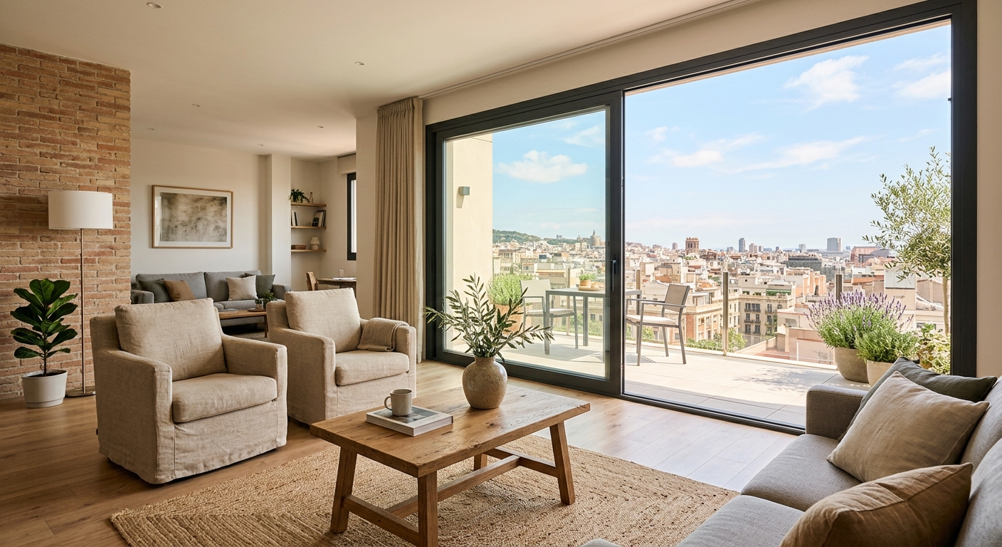 Salón con grandes ventanales correderos que dan a una terraza
