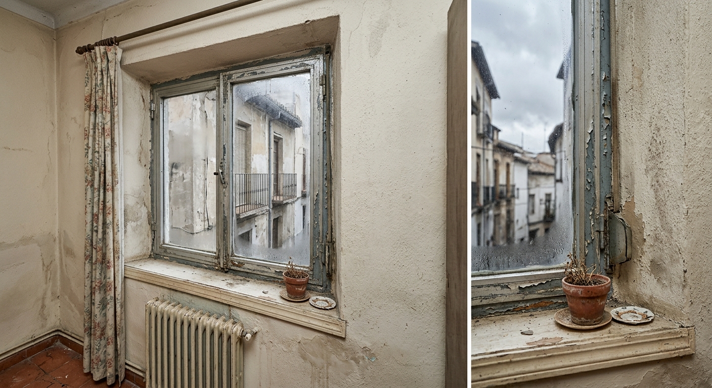 Ilustración: una ventana antigua desgastada con marco frío y luz gris de invierno