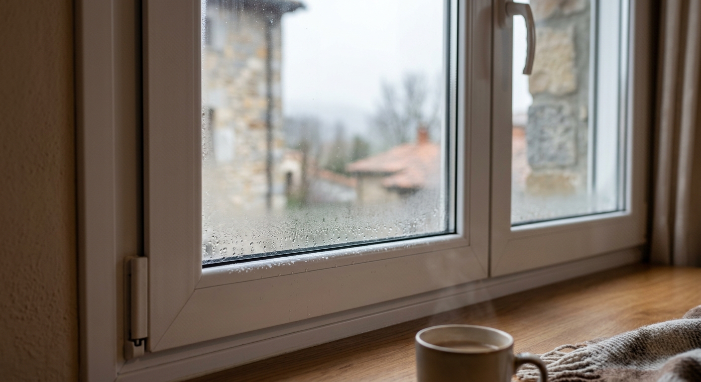 Ilustración: gotas de condensación en el borde de un cristal de ventana en una mañana fría