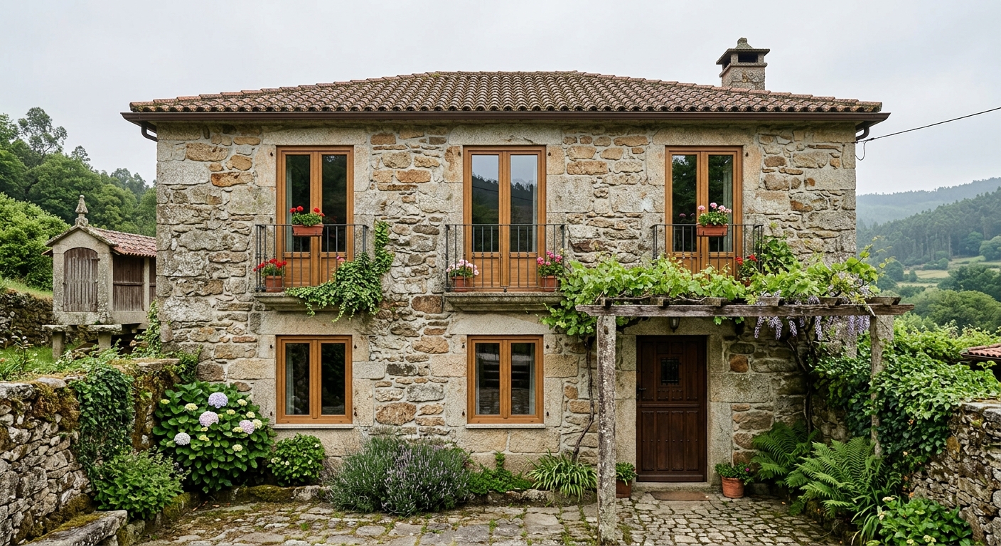 Fachada de casa de piedra con ventanas de acabado imitación madera